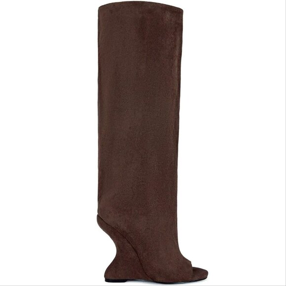 AZALEA WANG Vincent Knee High Open Toe Boots 6.5 Wedge Heel Brown Suede NEW - Picture 2 of 14